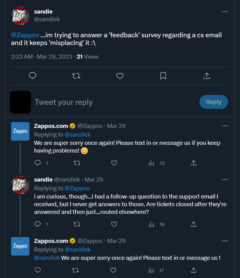 Customer service communication from Zappos on Twitter