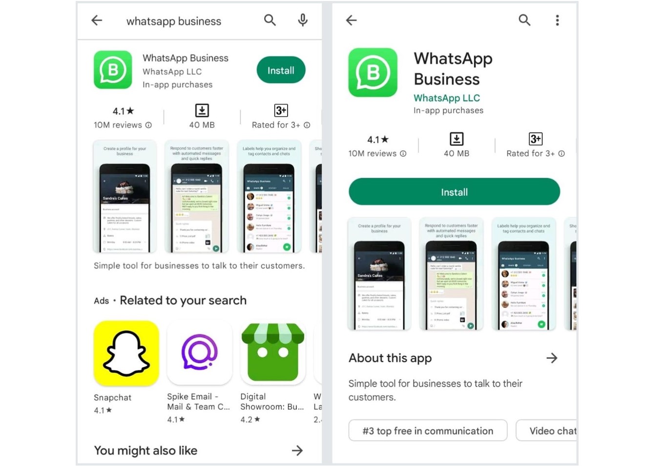 Installation of WhatsApp Business App in Google Play Store